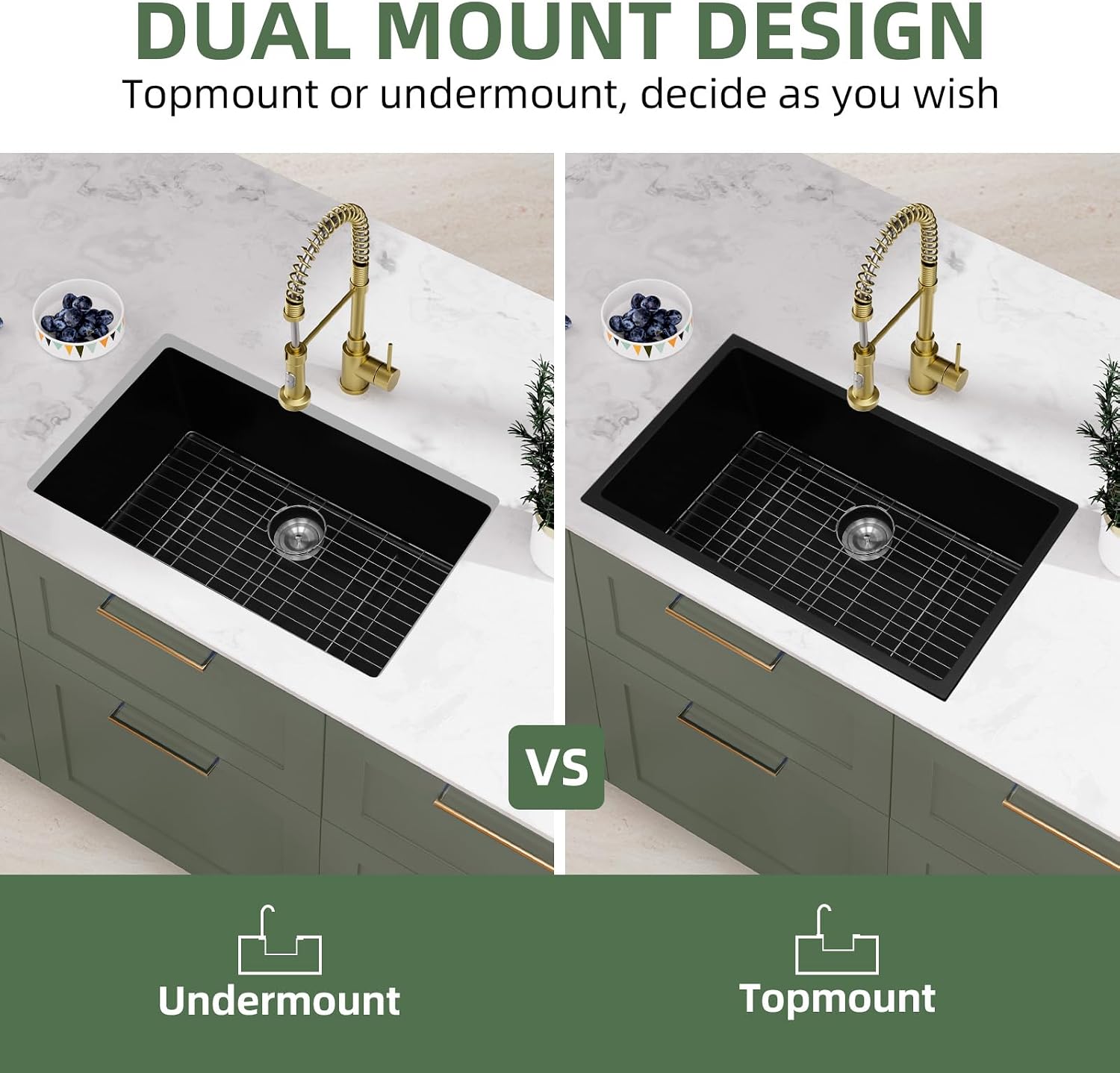 Davivy 30 X 18 Black Granite Composite Kitchen Sink,30 Inch Black Kitchen Sink, Undermount & Drop in Installation, Single Bowl with Bottom Grid and Drain Assembly