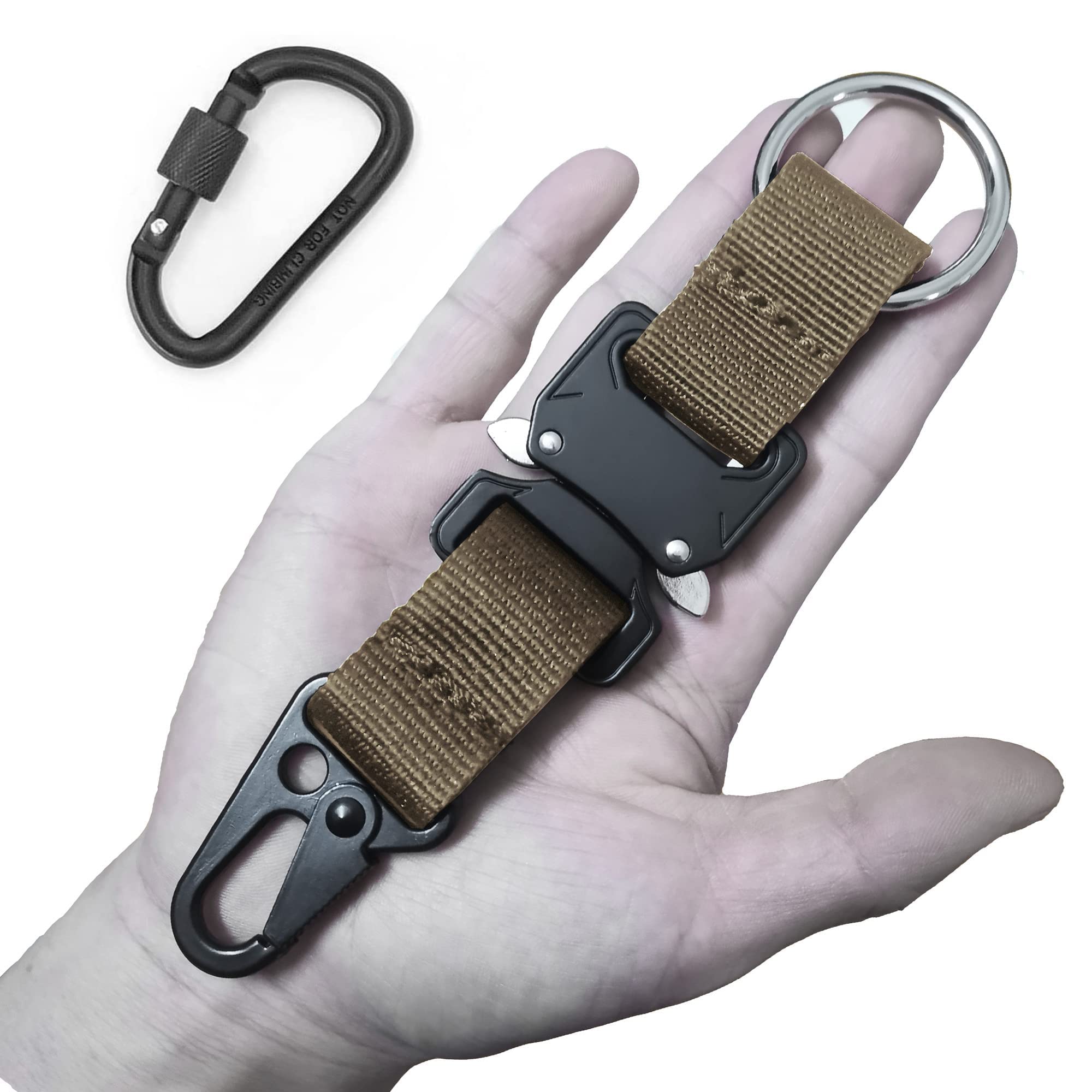Quick Release Keychain, Tactical Keychains EDC Gear Key Clip for Men, Large Military Carabiner Clips with HK Clip, Brown, L