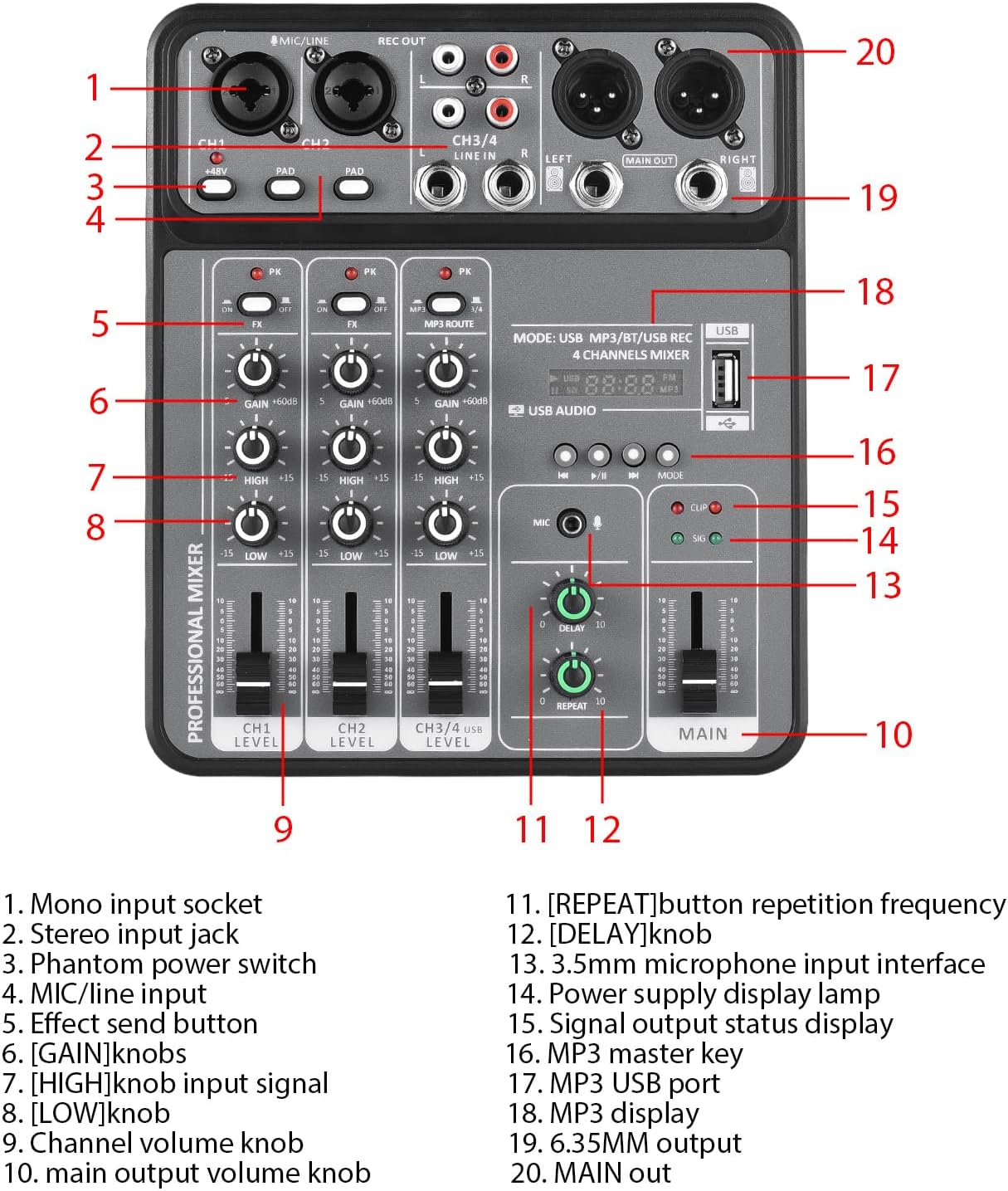 Audio Mixer 4 Channel Mixing Console 48V Phantom Power for Home Studio Recording DJ Network Live Broadcast Type-C Power Supply BT MP3 USB Recording Input Portable Sound Mixing Console