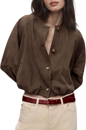 Daacee Womens Oversized Faux Suede Cropped Jacket Trendy Streetwear Coat