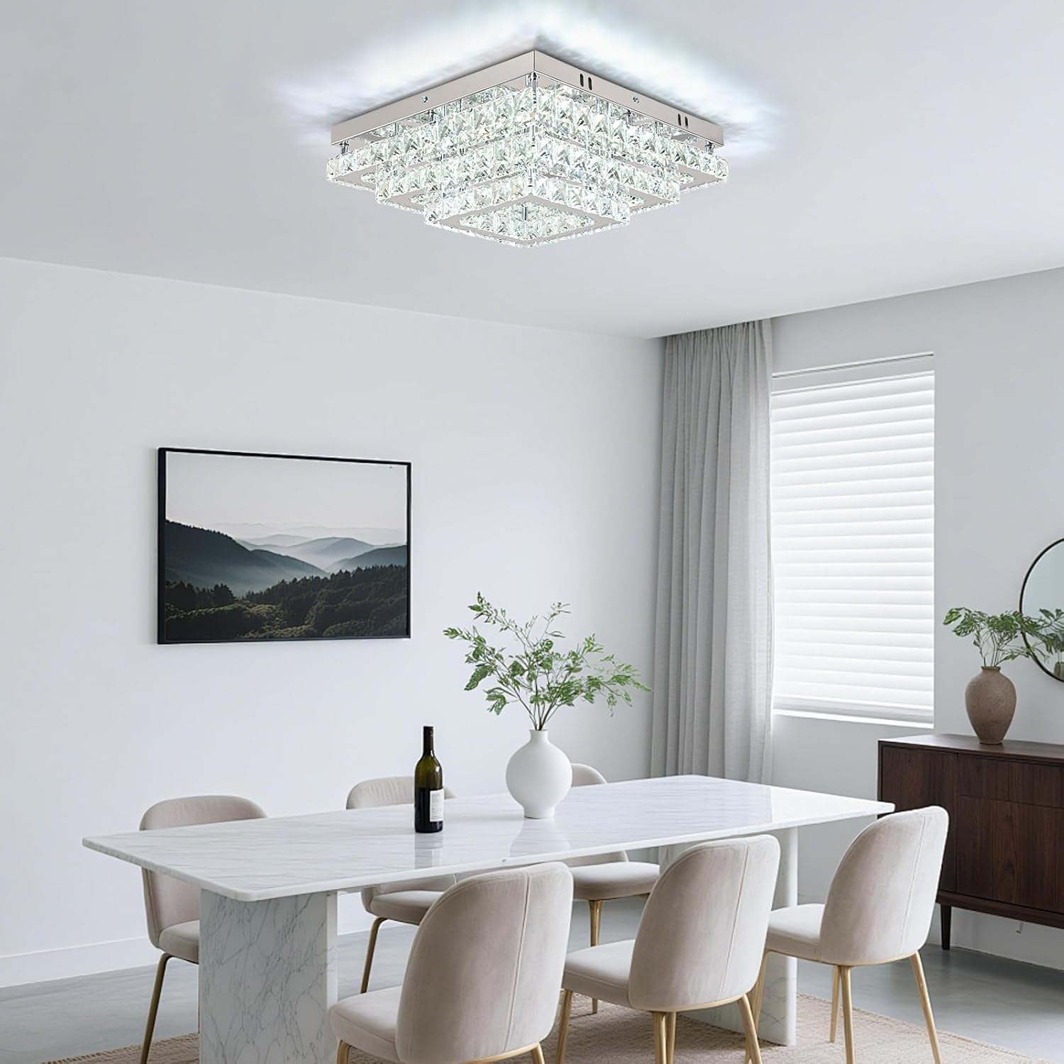 Square Crystal Ceiling Light Flush Mount, 15.1 Inch Chrome K9 Crystal LED Ceiling Fixture, 6500K Cool White, 57W for Bedroom Dining Room Kitchen