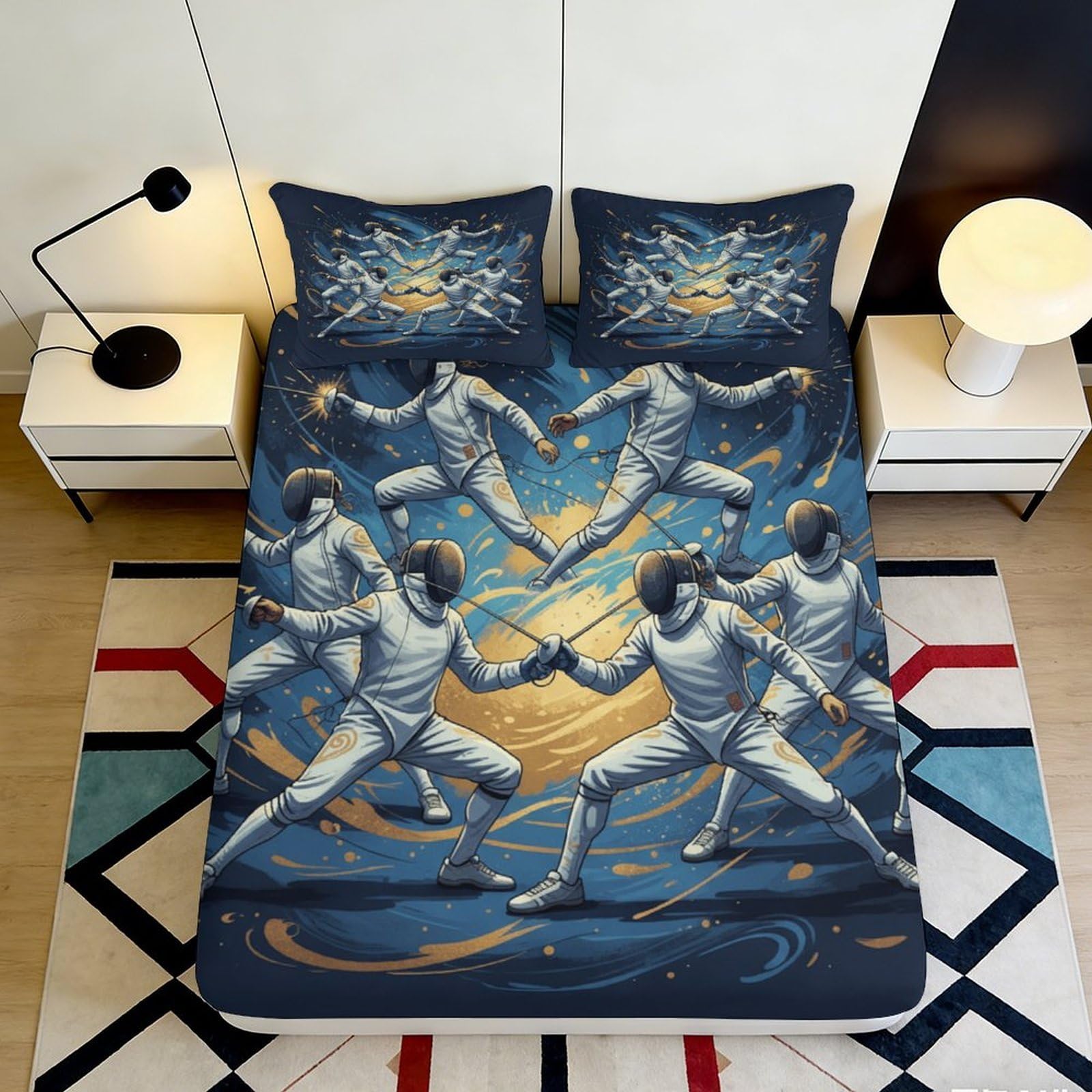 3D Printed Fencing Art Fitted Sheet Microfiber Non-Slip Athletic Bed Cover for Bedroom Guest Room Decorative Style 90x200x25cm