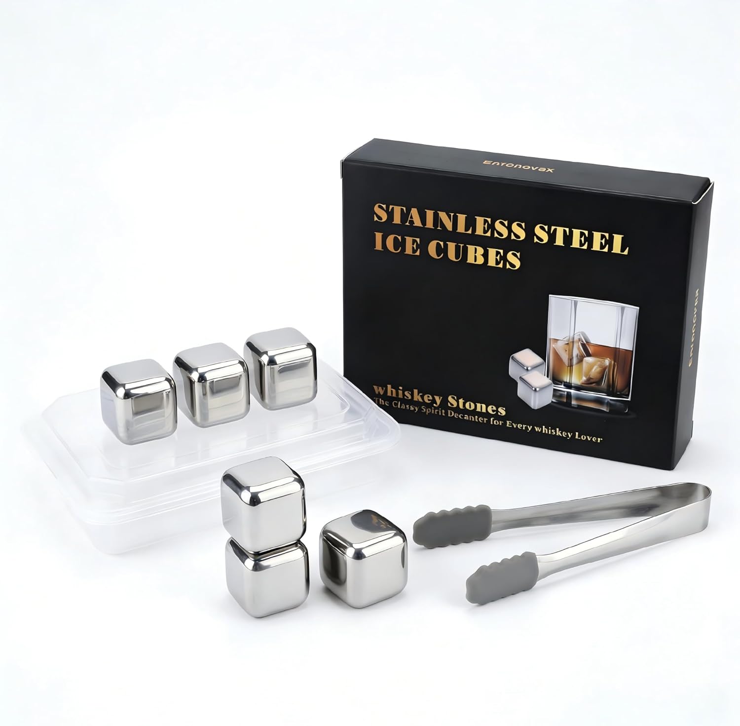 Stainless Steel Whiskey Stones 6 Pack, Reusable Metal Ice Cubes with Non-Slip Tongs & Freezer Tray, Chill Drinks Without Dilution for Whiskey, Bourbon, Scotch, Home Bar Set