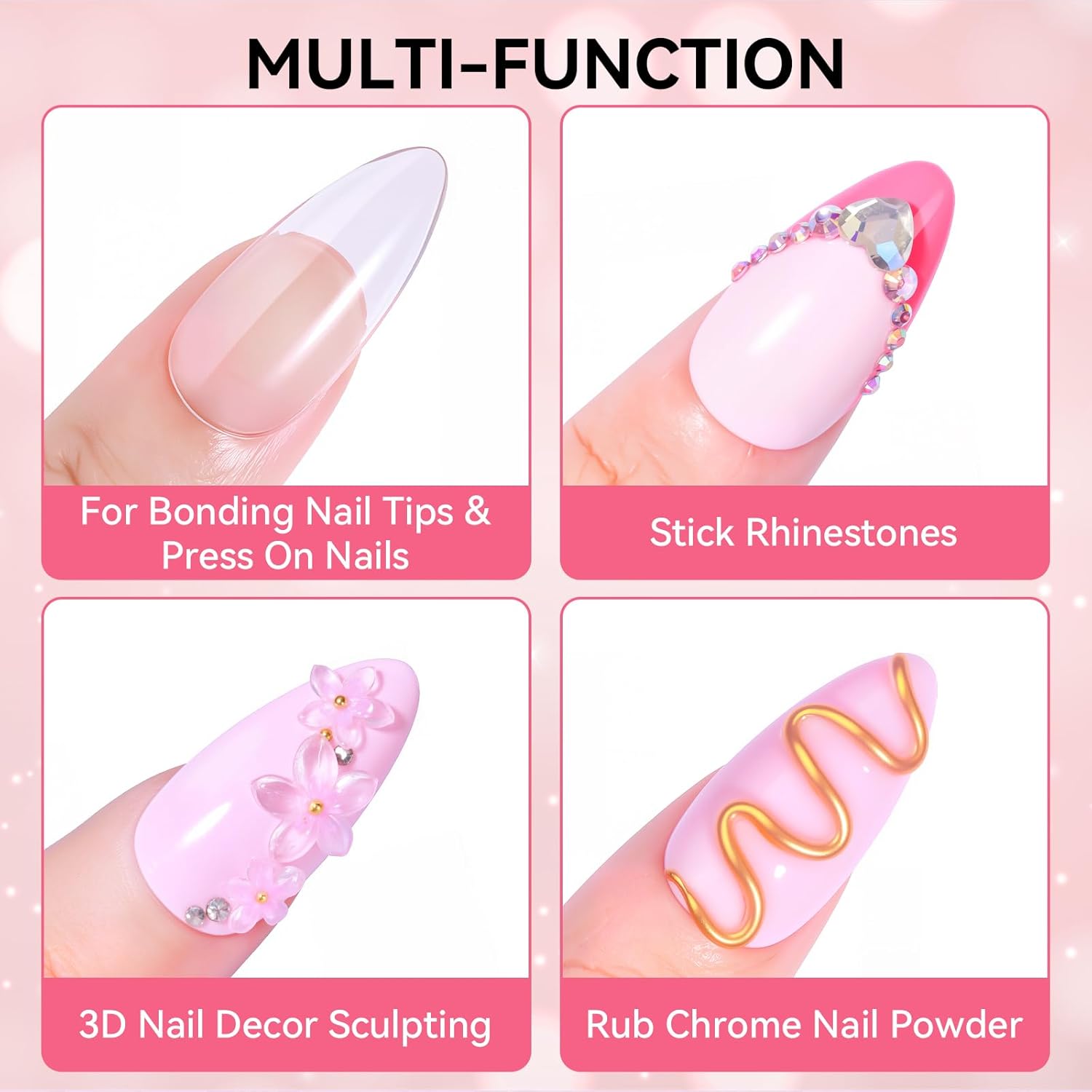 Four examples of Makartt Solid Nail Glue Gel's multi-functionality: bonding nail tips, sticking rhinestones, 3D nail decor sculpting, and rubbing chrome nail powder.