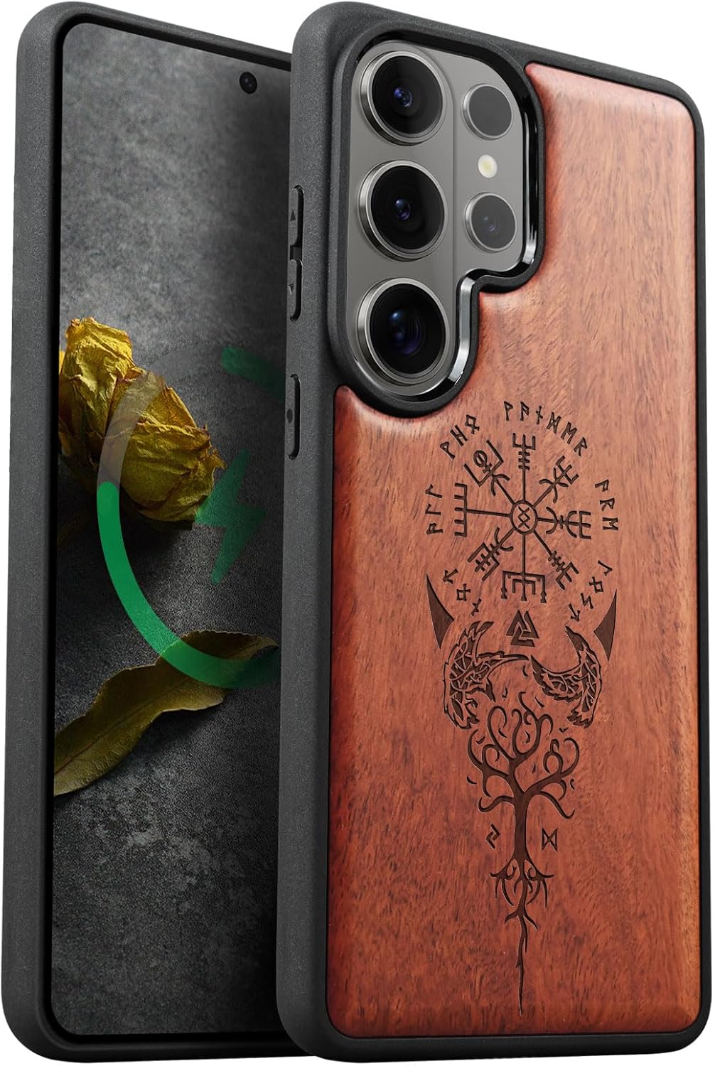 Carveit Magnetic Wooden Case for Samsung Galaxy S26 Ultra Case 2026, TPU Shockproof Cover & Wood Artisan Engraved, Compatible with MagSafe Wireless Chargers (The Guiding Vegvisir) Rosy