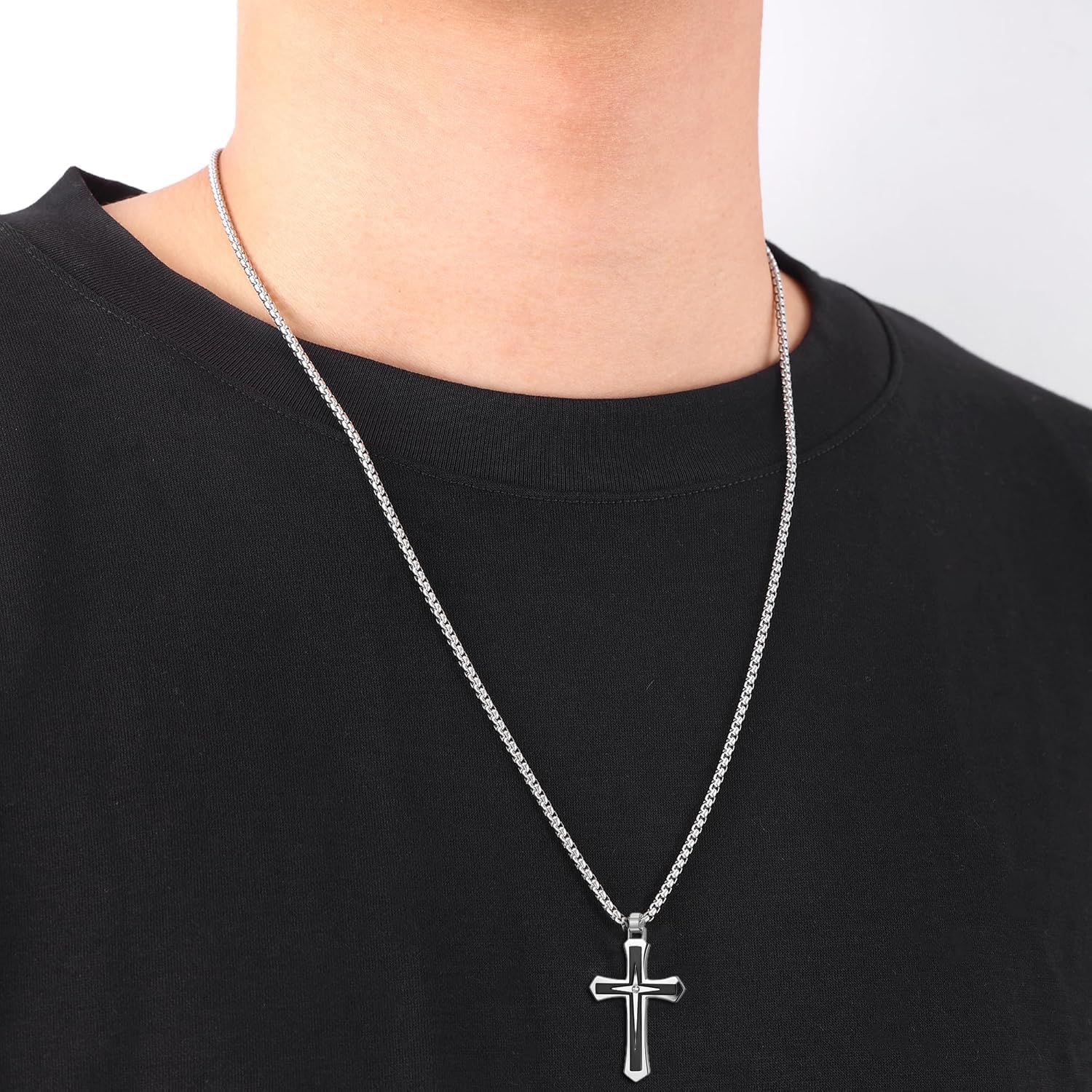 Cross Necklace for Men,Silver/Gold/Black Mens Cross Necklaces with 3mm Cross Chain and Stainless Steel Cross Pendant Jewelry Gifts,Rolo Chain 22-24 Inch - Image 2