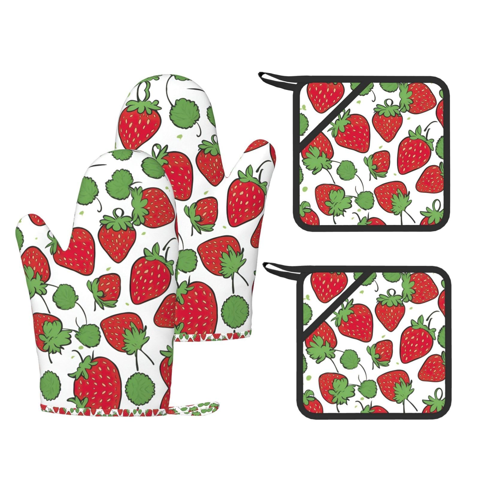 Strawberry pattern Stylish Printed Kitchen Set Including Heat Resistant Gloves and Non-Slip Hot Pads for Cooking BBQ