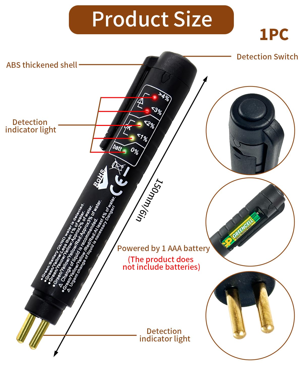 Yuio Rilevatore Olio Freni per DOT3 DOT4 DOT5,1, Brake Fluid Tester con 5 LED Indicatore, Tester Liquido Freni, Penna Portatile per Test di Controllo qualità Olio Freni, Tester Universale Olio