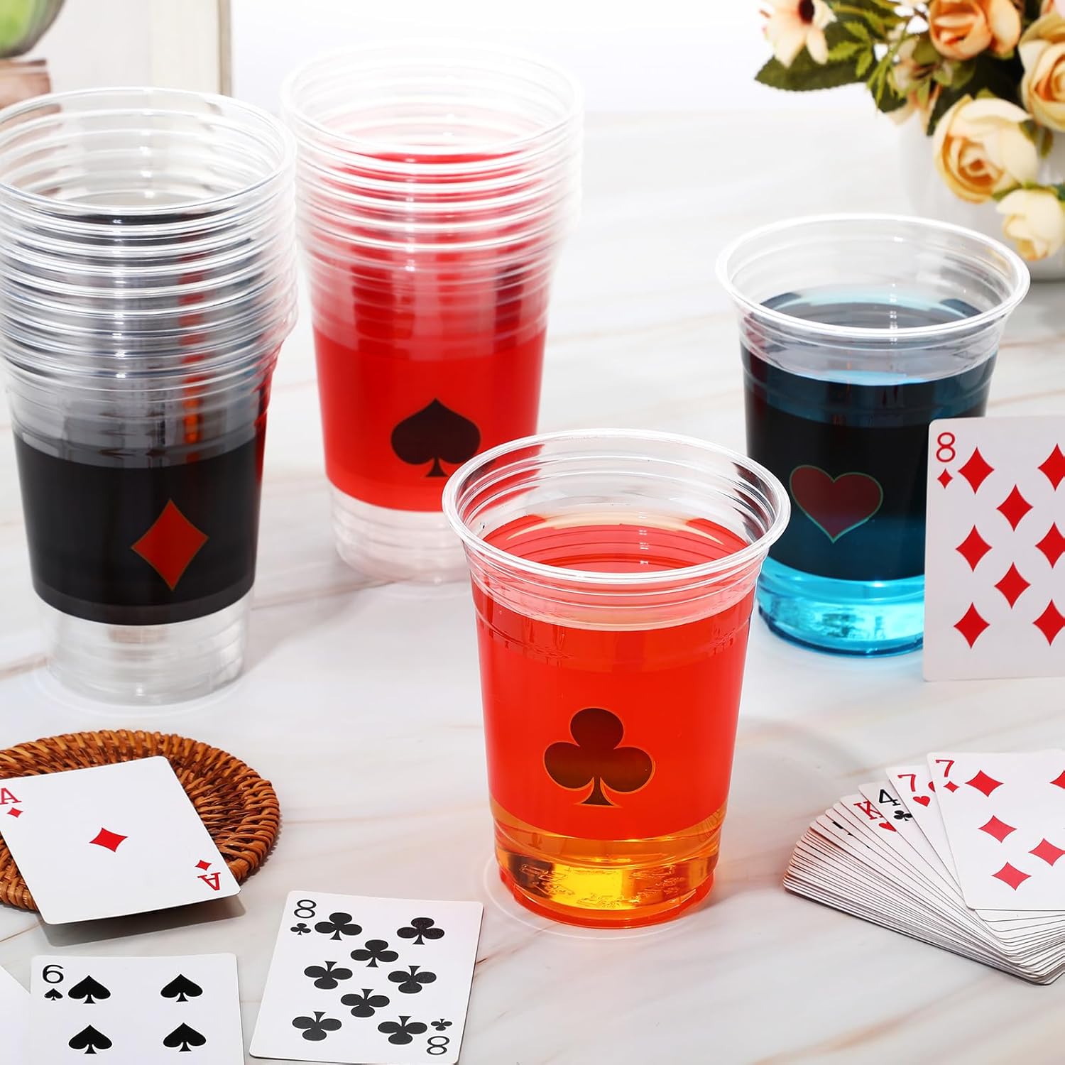 100 Pcs Casino Plastic Cups Bulk 16 oz Clear Disposable Cups Tumblers for Cold Beverage Drinking Beer Snacks Candies for Themed Party Supplies Decorations Favors