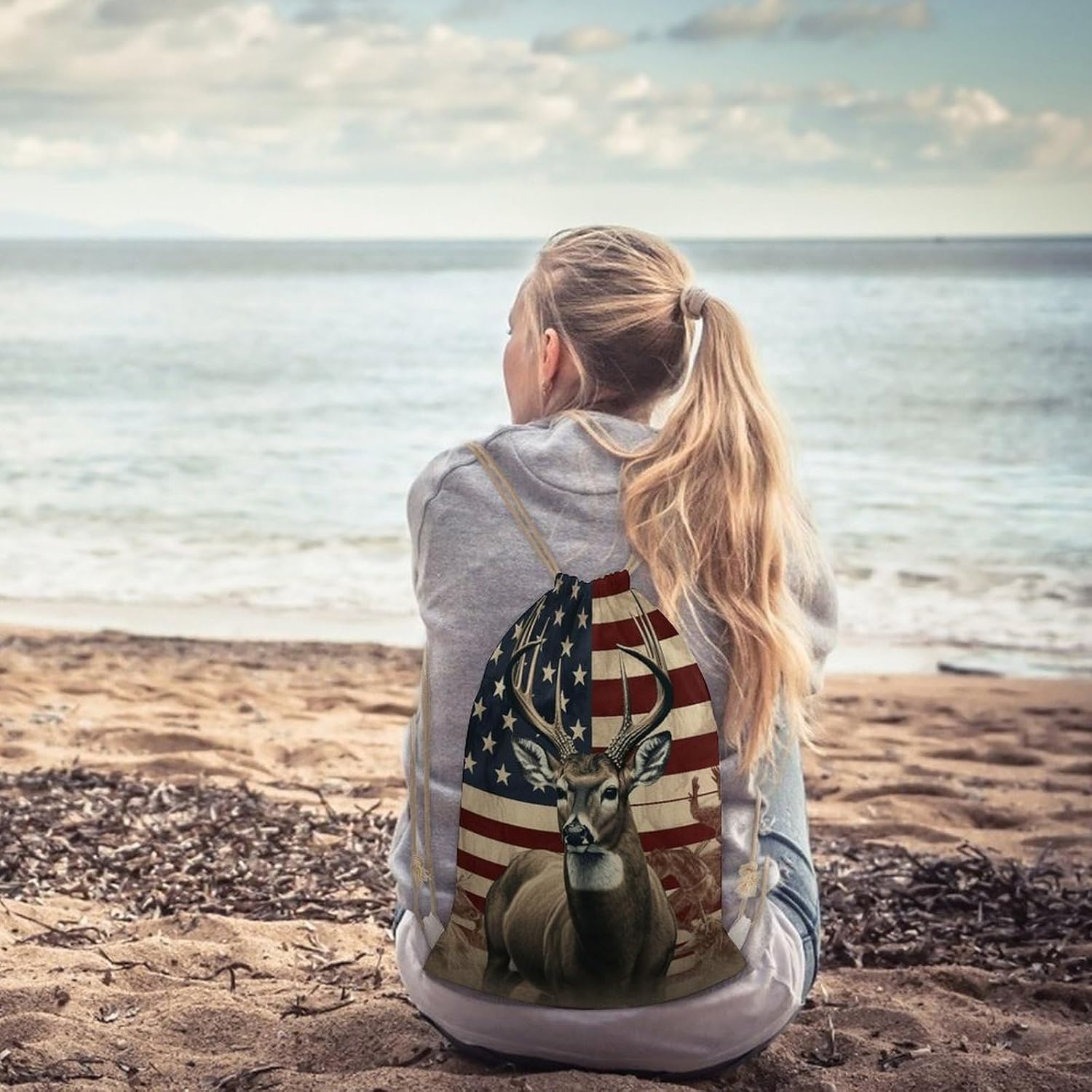 Drawstring Backpack Americana Flag Deer Printed Sport Gym Drawstring Bag Lightweight Cinch Sacks Backpack Drawstring Bags for Yoga Sport Gym Beach Travel Backpacks
