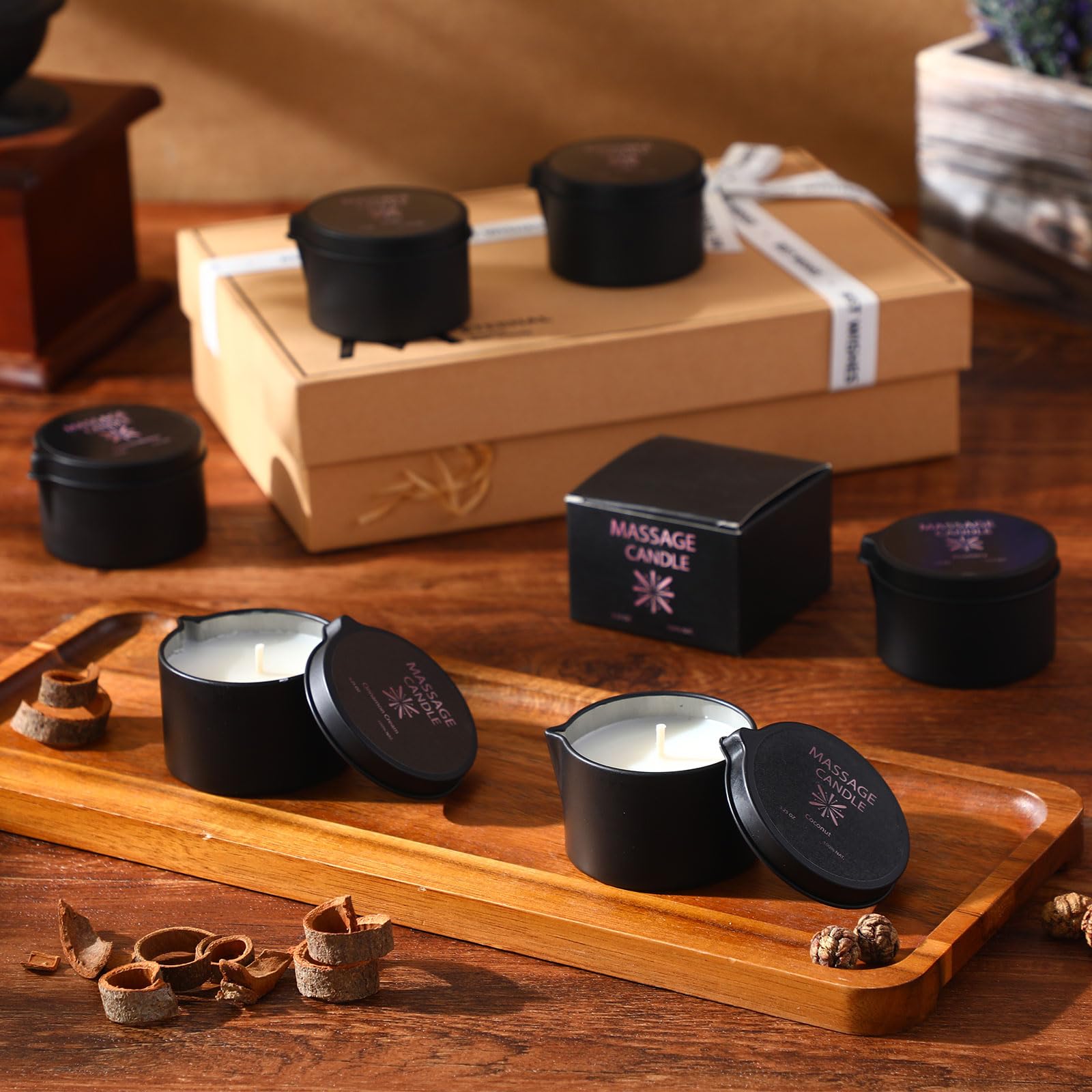 Nuanchu 4 candele a olio per massaggi da 170 g, accendono a bassa temperatura profumate per il corpo, per terapia di massaggio, a base di soia, regalo di Natale, casa, spa, 4 profumi