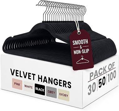 LDC Black Velvet Hangers 50 Pack - Premium Non-Slip Clothes Felt Hanger