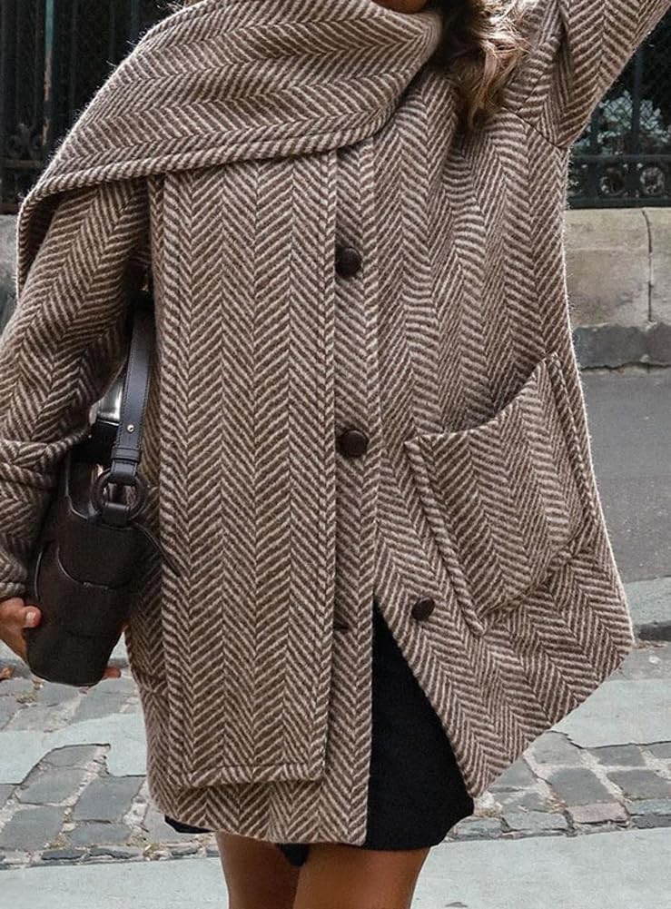 chouyatou Women's Winter Herringbone Wool Coat Button Down Woolen Trench Pea Coat with Scarf