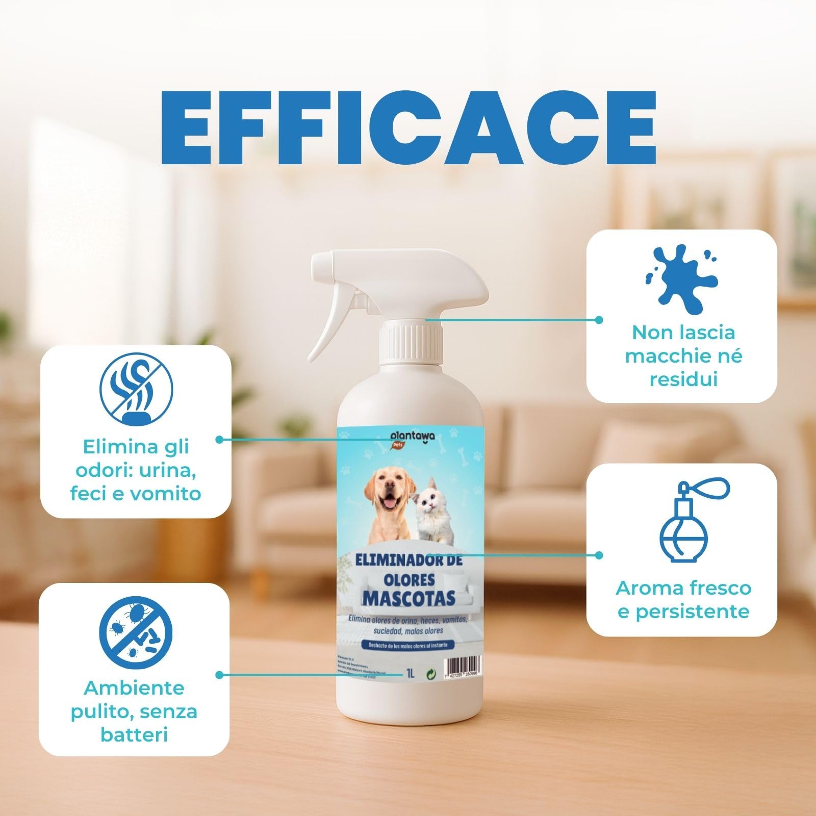 PLANTAWA Eliminatore di Odori di Animali Domestici Spray 1L | Eliminare Odore pipì Cane | Detergente Enzimatico urina Gatto, feci e Vomito | Repellente Naturale | Sicuro per Varie superfici e Tessuti