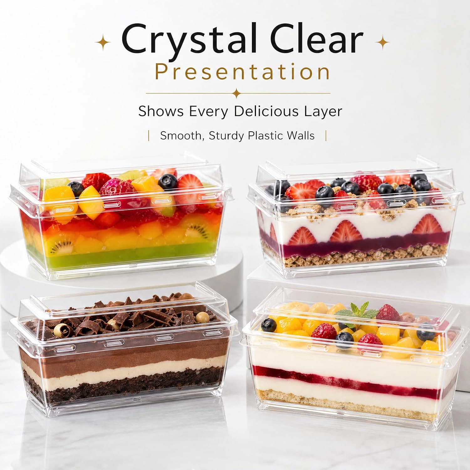 50 Pack Rectangle Plastic Dessert Cups with Lids and Spoons