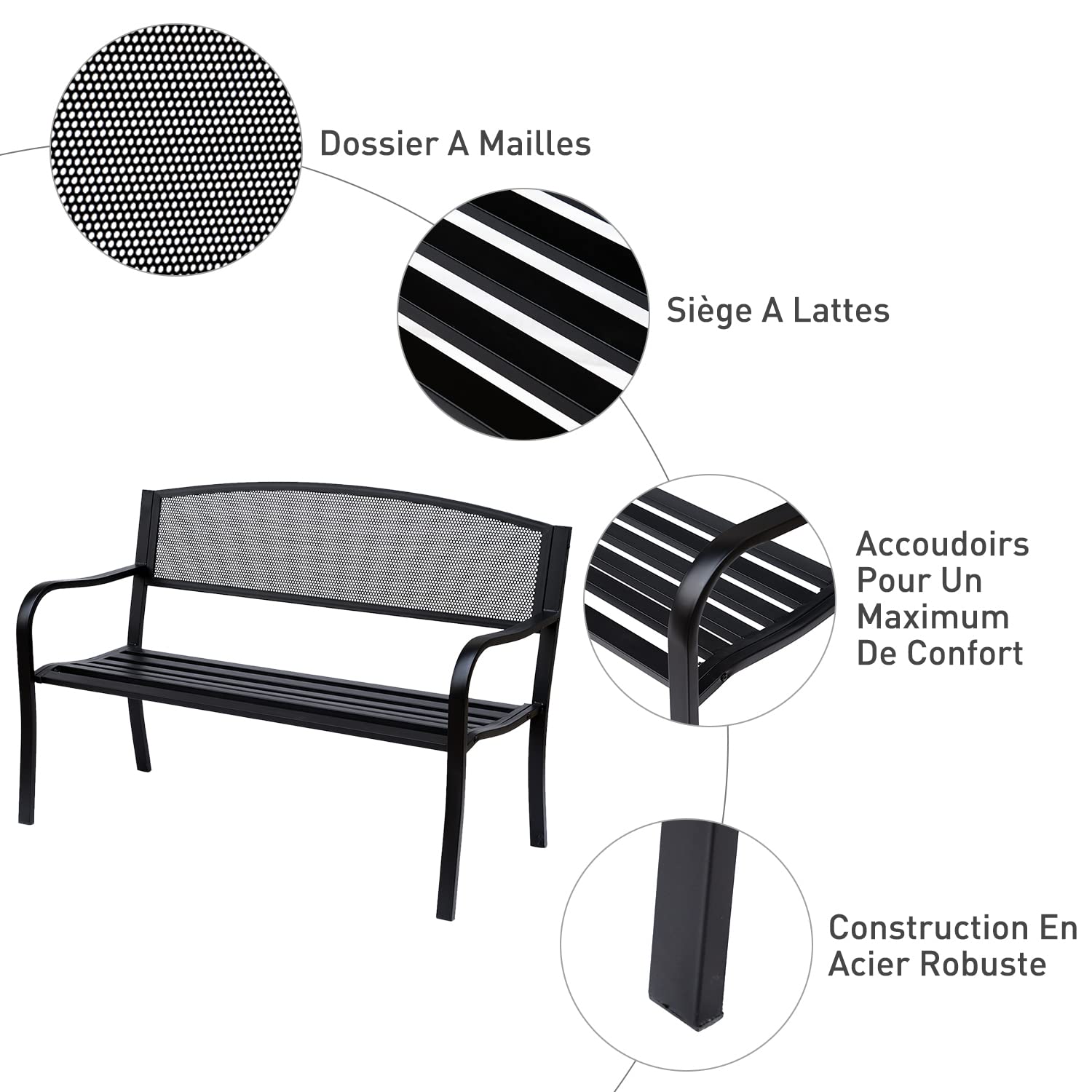 Outsunny Banc 3 Places de Jardin terrasse Style Contemporain 127L x 60l x 87H cm métal époxy anticorrosion Noir