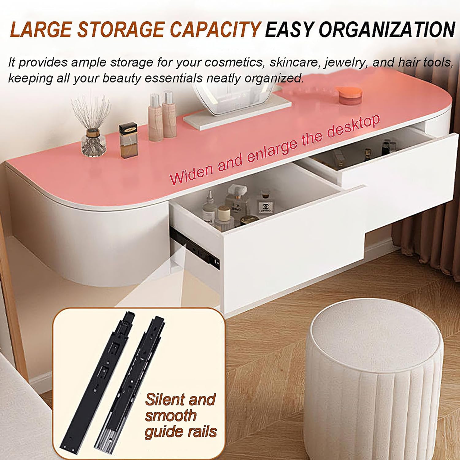 Fully Assembled Floating Makeup Vanity Desk with Drawers, Modern Wall Mounted Dressing Table with Rounded Corners, Space-Saving Bedside Vanity for Bedroom Home, Easy Install, White, Desk Only