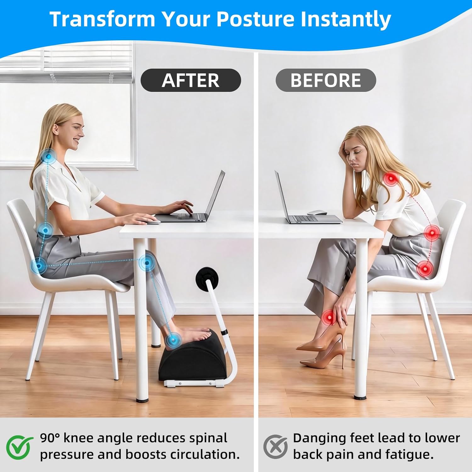 Under Desk Footrest Detachable - Leg Rest Adjustable 3 Height Positions for Under Desk, Ergonomic Foot Rest for Office or Home Use