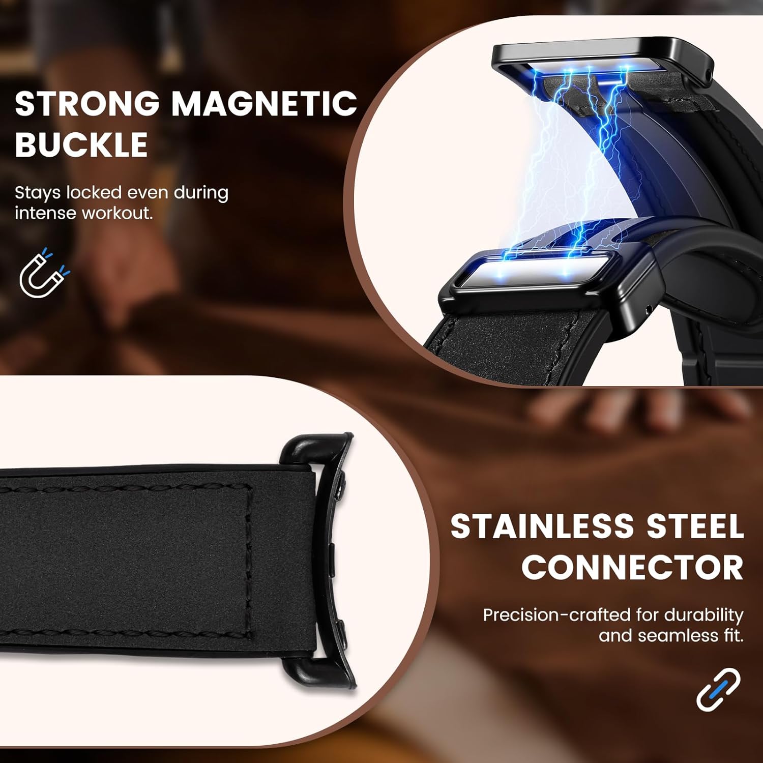 Magnetic Leather Bands Compatible with Google Pixel Watch 4/3 45mm Band, Genuine Leather Wristband Replacement Strap for Pixel Watch Band 45mm Men Women, Upgraded All-Metal Connector Black