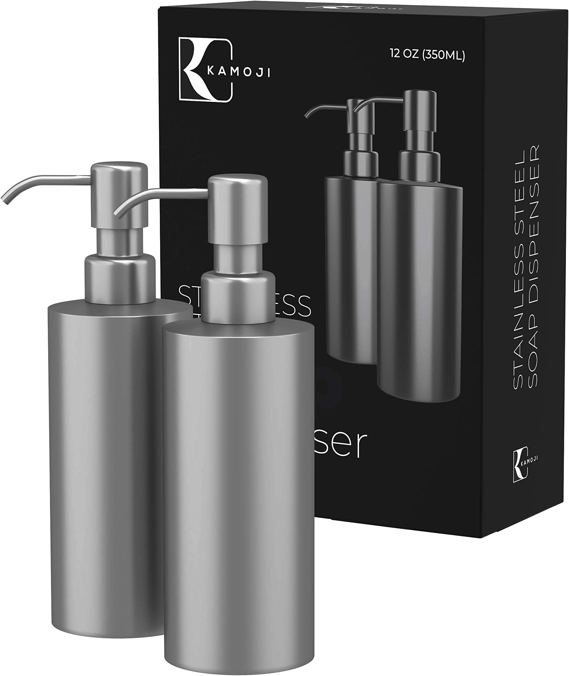 Kamoji Stainless Steel Soap Dispenser - Rust & Leak Proof Bathroom and Kitchen Soap Dispenser Pump for Liquid Hand Soaps, Lotions, Shampoo & Shower Gel (12 Oz/350ML) - Set of 2