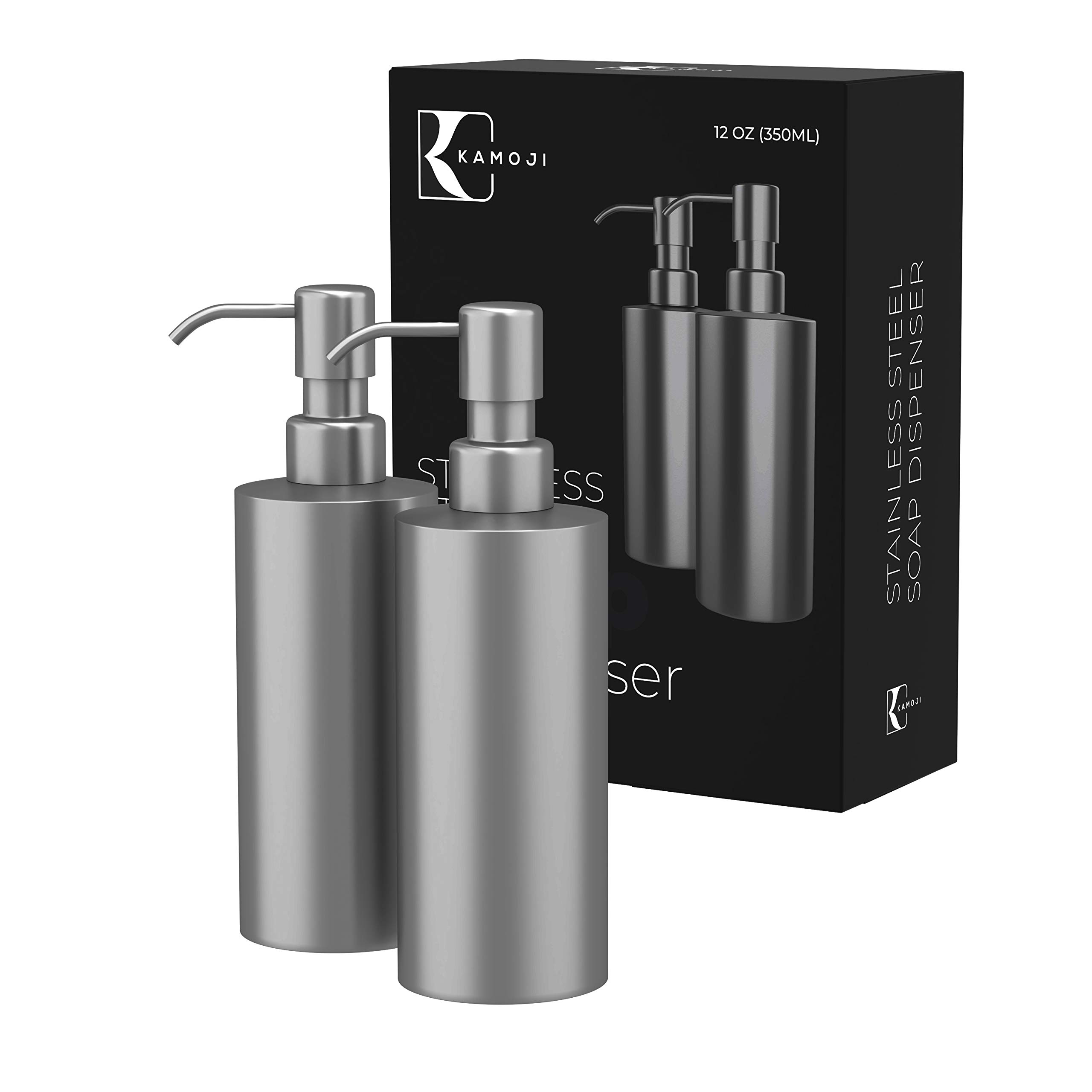 Kamoji Stainless Steel Soap Dispenser - Rust & Leak Proof Bathroom and Kitchen Soap Dispenser Pump for Liquid Hand Soaps, Lotions, Shampoo & Shower Gel (12 Oz/350ML) - Set of 2