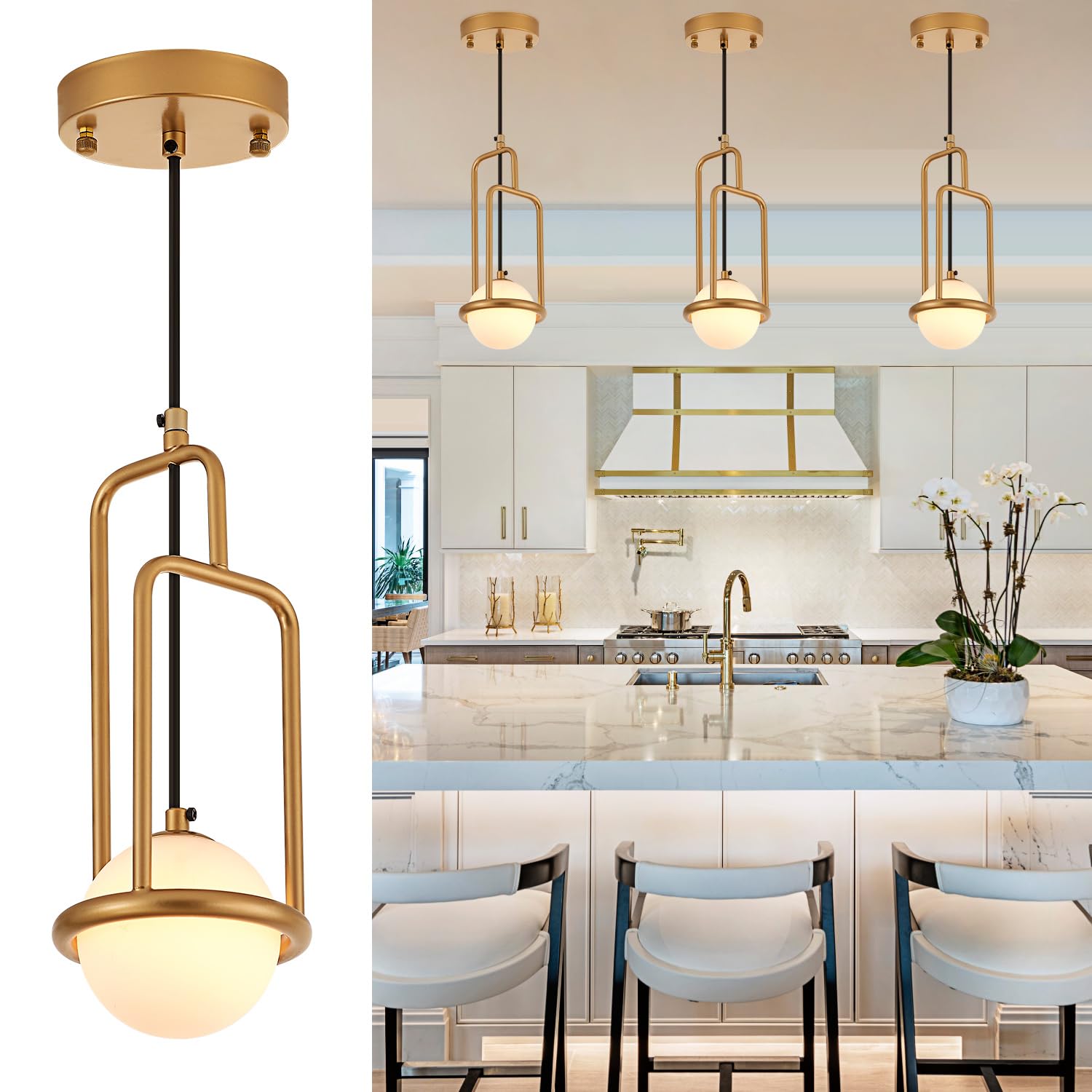 lighceac Mini Modern Globe Gold Pendant Light Fixtures for Kitchen Island 1-Light Hanging Ceiling Chandelier with Frosted White Glass for Dining Room Bedroom Entryway Living Room Foyer Hallway 3-Pack