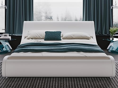 Miniatura 1 de HOOMIC Base de cama moderna de plataforma matrimonial con cabecera ajustable, cama tapizada de piel sintética de lujo con trineo de perfil bajo,