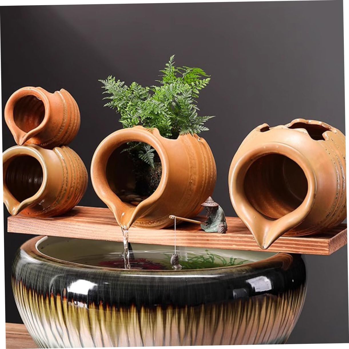 Ceramic Waterfall Jar for Hydroponic Planters Decorative Fountain for Balcony Garden Small Brown Open-top Design Unique Water Flowing Feature for Indoor Outdoor Use