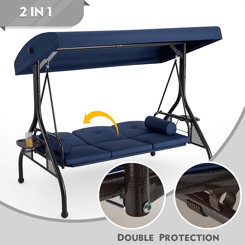 HOMREST 3 Seat Porch Swing with Adjustable Canopy, Patio Swing with Stand image 4
