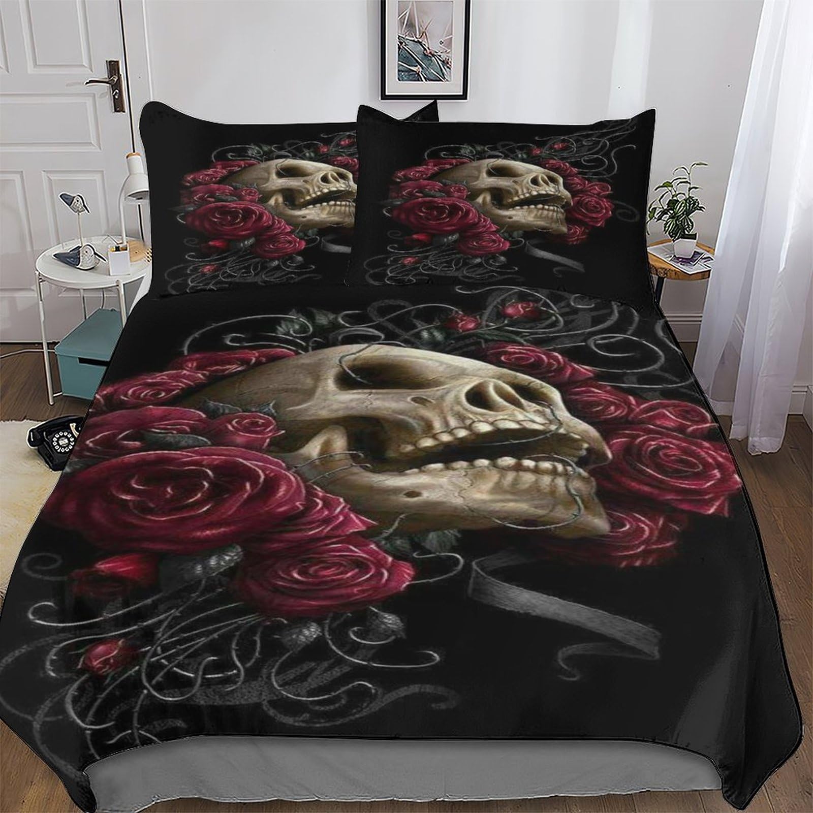 Pazzk Rose Skull Duvet Cover Set With Pillowcases Printed Bedding Set With Zipper Closure Comforter Cover 2 Pieces Hypoallergenic Soft Microfiber Quilt Cover Single (135X200cm)