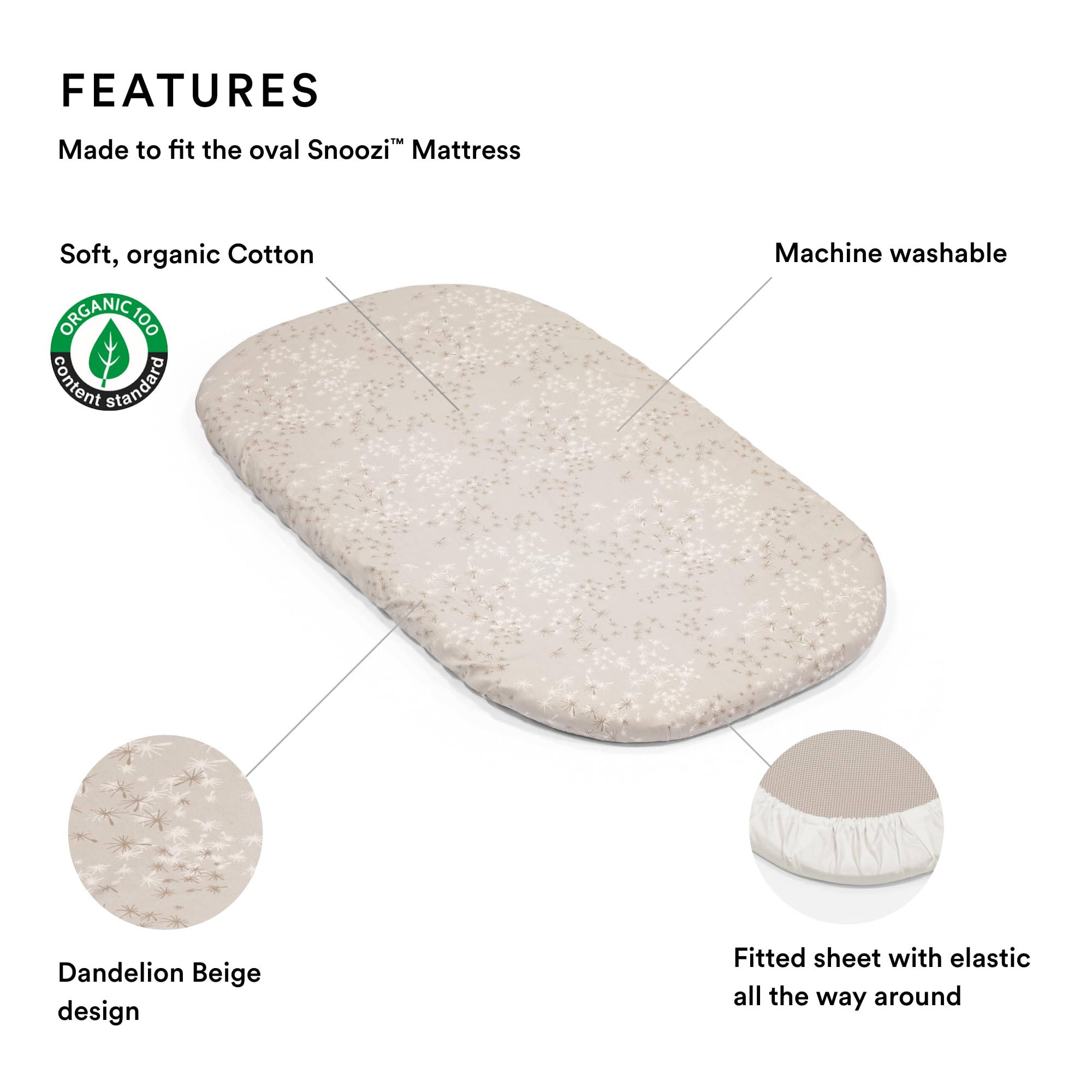 Stokke Snoozi Fitted Sheets, Includes 1 Dandelion Beige & 1 Vanilla Cream, Made to Fit The Oval Snoozi Mattress, Soft - Image 2