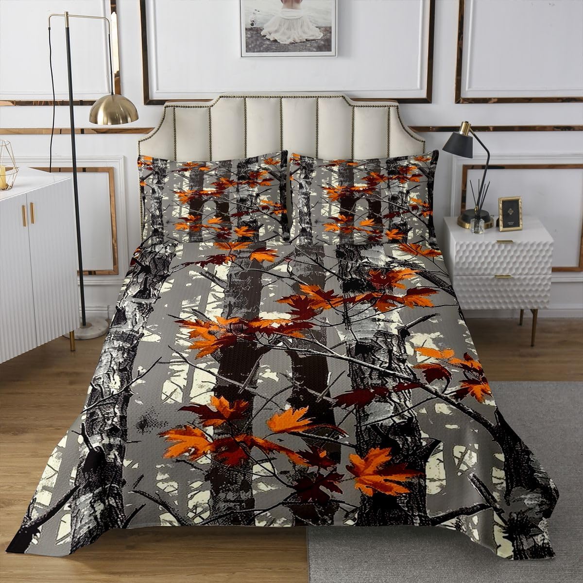 jejeloiu Camouflage Bedspread Quilts Tree Leaves Printed Coverlet Set Queen Size for Kids Boys Girls Gray Camo Quilted Coverlet for All Season with 2 Pillowcases Farmhouse Microfiber