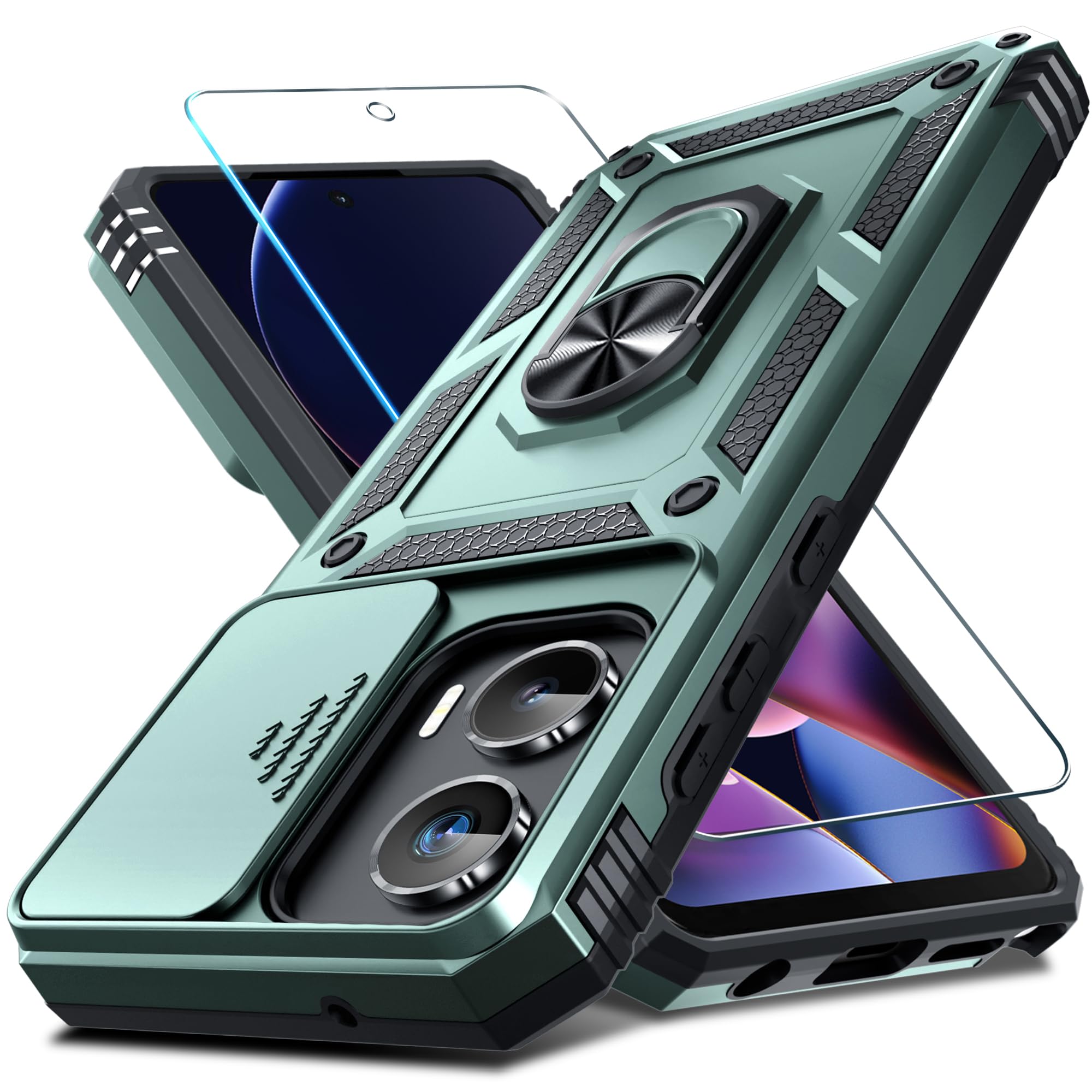 JanmittaCompatible with Moto G Stylus 5G 2024 Case Built in Slide Camera Lens Cover+Screen Protector+Finger Ring Holder Kickstand,Heavy Duty Shockproof Full Body Protective Phone Cover,Dark Green