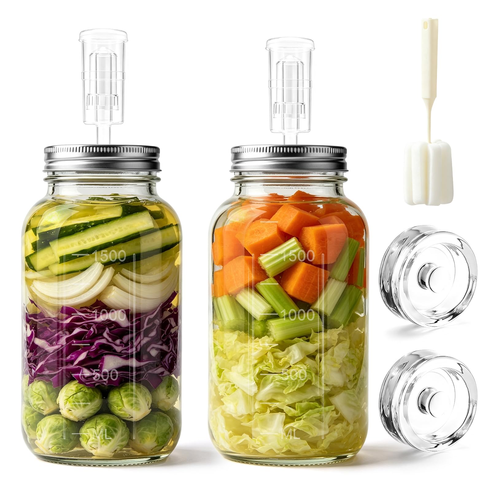 2L Fermentierglas mit Gewicht & Gärventil, 2er Fermentationsglas mit Fermentiergewichte, Fermentieren Gläser für Sauerkraut Kimchi, Kombucha, Fruits, Vegetables, Pickled, Sauerteigstarter usw