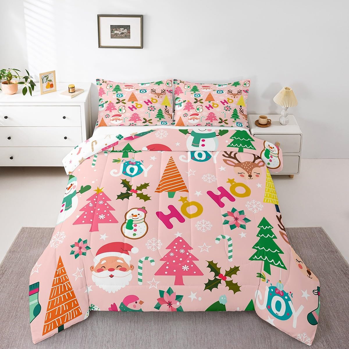 Erosebridal Christmas Decor Comforter Set, Santa Claus Bedding Set for Kids Boys Girls Women, Xmas Tree Quilt Cartoon Deer Snowman Snowflake Duvet Sets Christmas Party Decorations, Twin Size