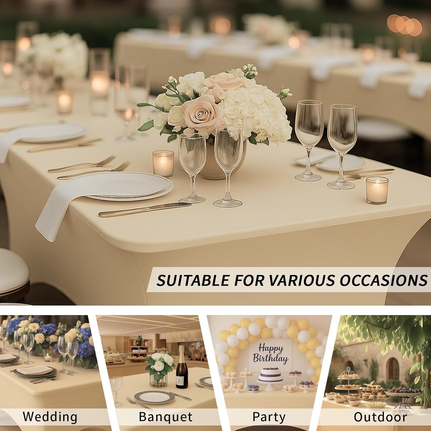 Fixwal 3 Pack Champagne Beige Cream Stretch Spandex Tablecloth 6FT - Fitted Washable Wrinkle Resistant Rectangular Table Cover for Wedding Trade Show Party Event [72Lx30Wx30H Inch]