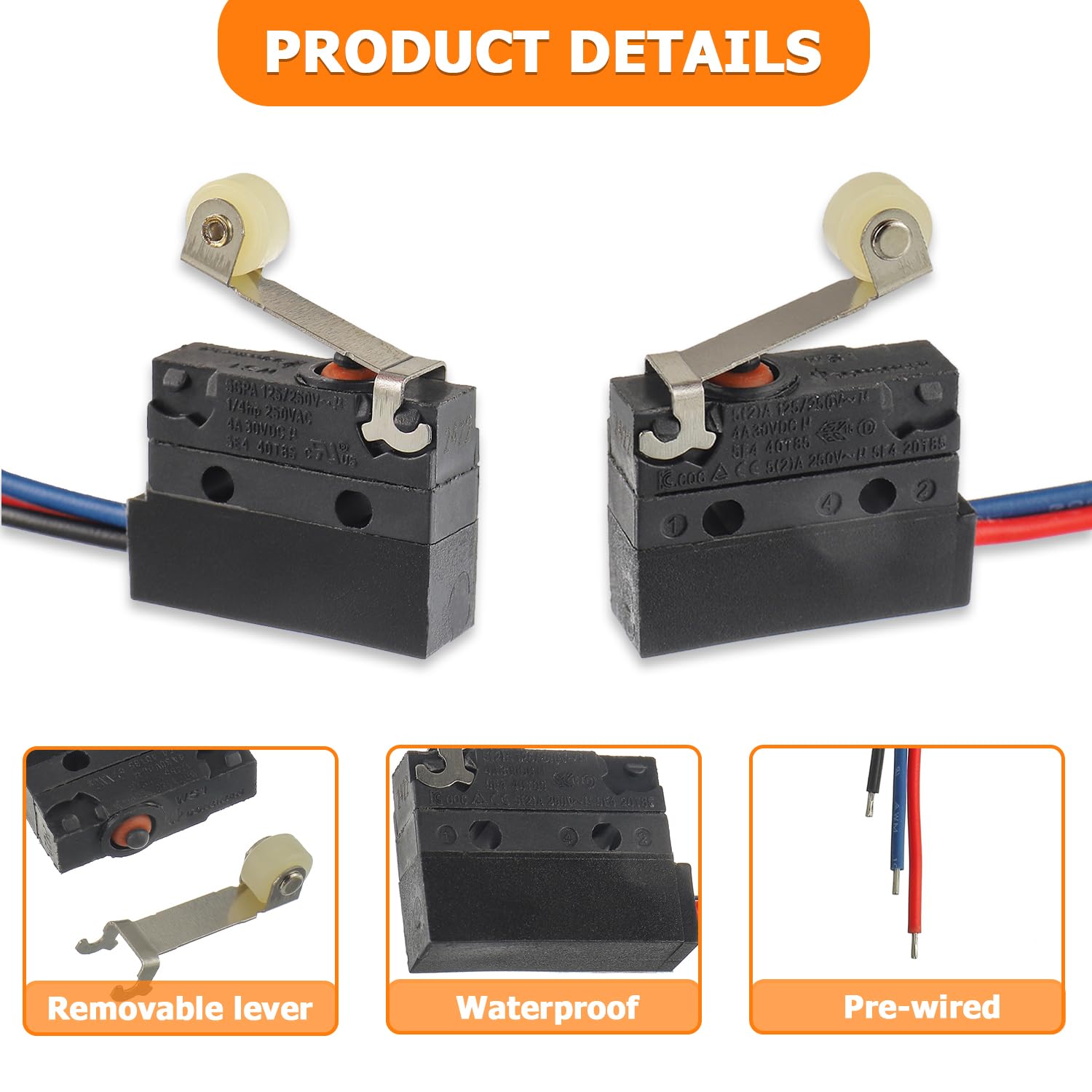 2 Pack Micro Limit Switch 6A 12V DC Micro Switch Normally Open Close Limit Switch with Roller Lever Arm, SPDT 3 PIN 5A 250VAC with Wire - Image 3