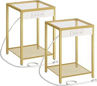 HOOBRO 2-Tier Side Table with Charging Station, Set of 2 End Tables with USB Ports, Nightstand for Tight Spaces, Tempered Glass, Modern Metal Frame, for Office, Bedroom, Living Room, Gold GD76UBZP201