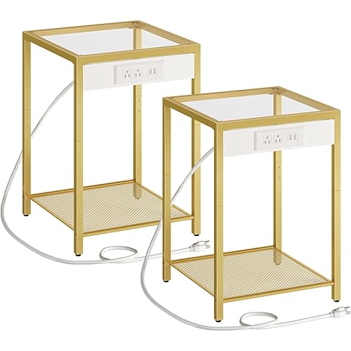 HOOBRO 2-Tier Side Table with Charging Station, Set of 2 End Tables with USB Ports, Nightstand for Tight Spaces, Tempered Glass, Modern Metal Frame, for Office, Bedroom, Living Room, Gold GD76UBZP201