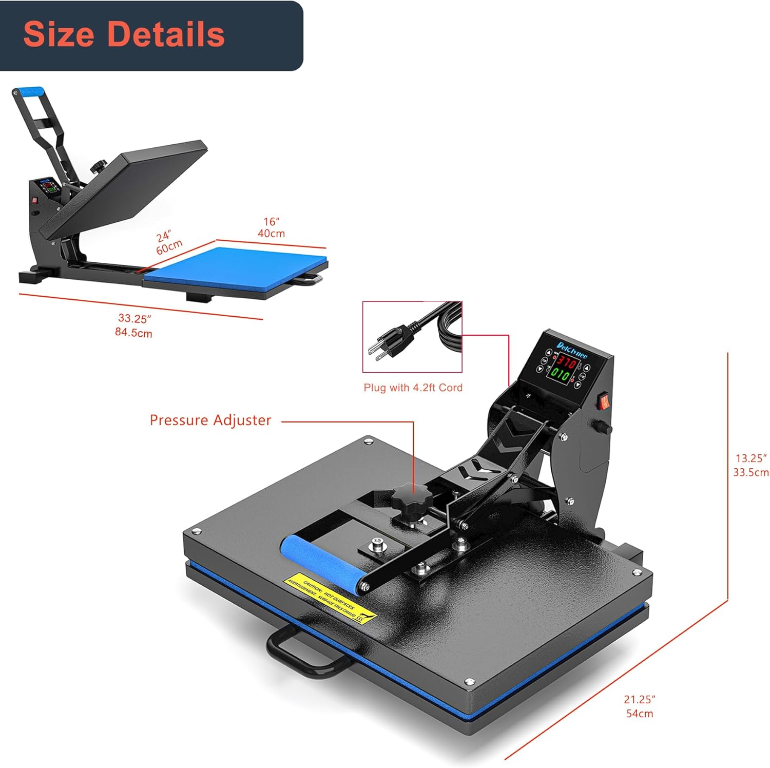 Heat Press Machine with dimensions and pressure adjuster