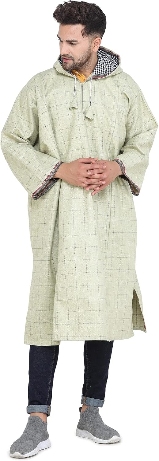 Exotic India Men's Woolen Blend Kashmiri Phiran with Hood | Pure Wool Long Overcoat-Oversized Phiran for Men