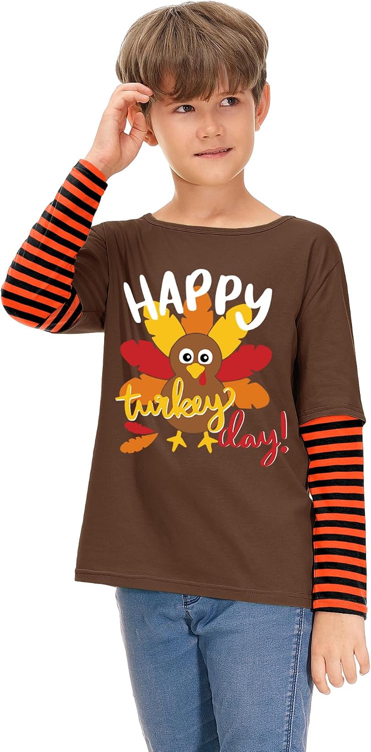 BesserBay Little Boys Girls Crewneck Thanksgiving Brown Happy Turkey Tee Stripe Long Sleeve Shirt 5-6 Years