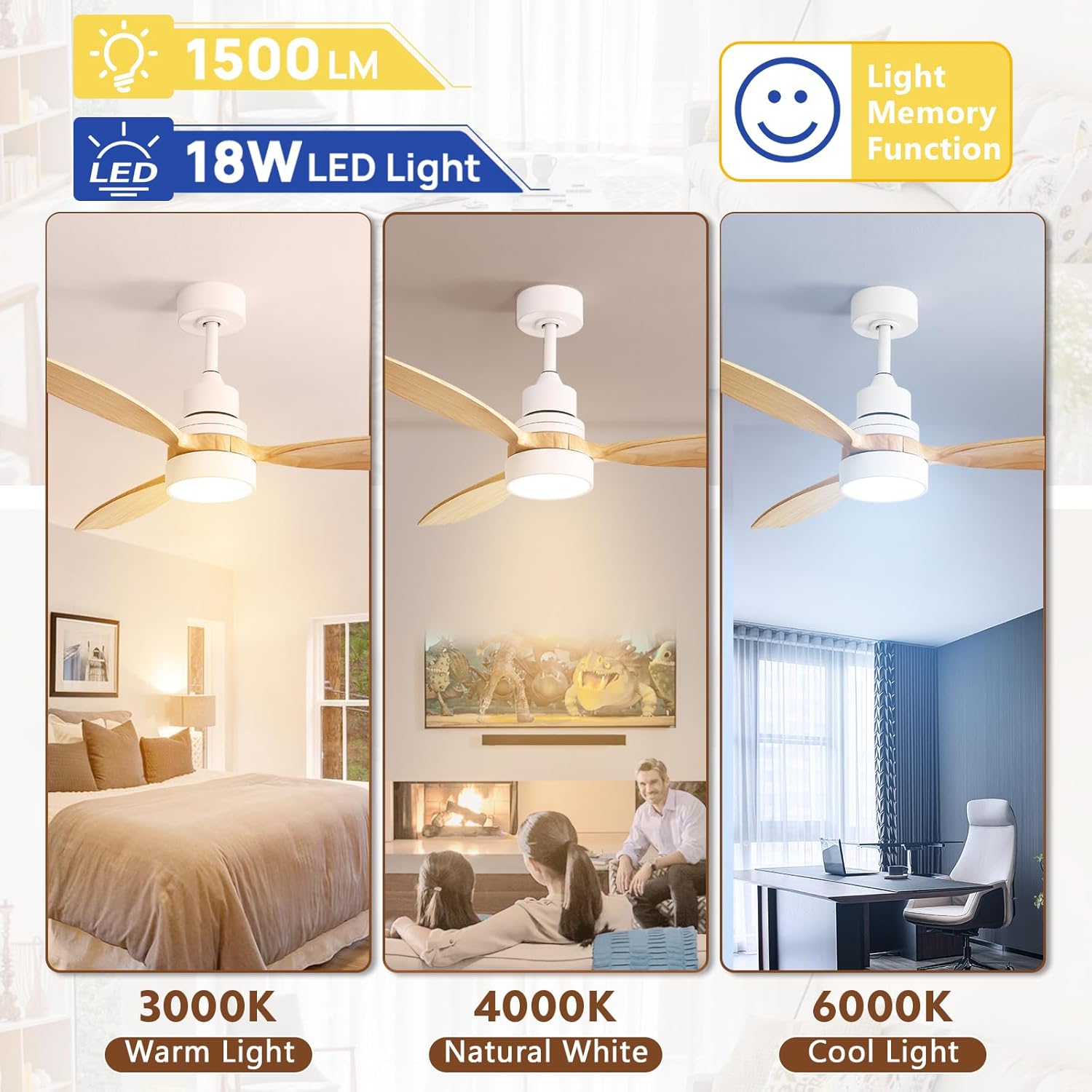 Sofucor 52 Inch Ceiling Fans with Lights, Solid Wood Indoor/Outdoor Ceiling Fan with Light Remote Control, Reversible DC Motor, 3CCT LED, 3 Blade Modern Ceiling Fans for Bedroom Farmhouse Patio