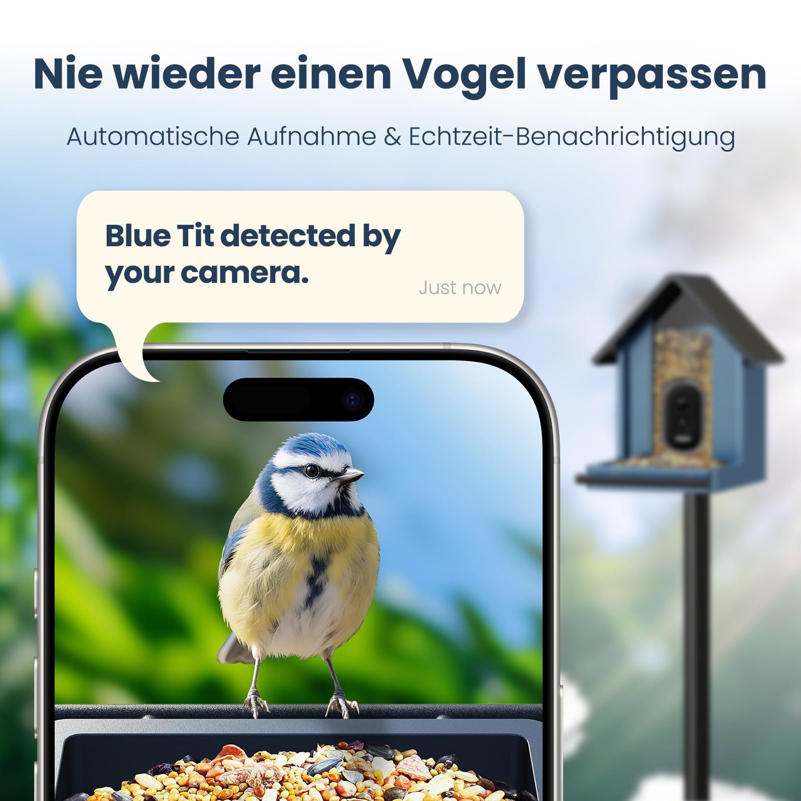 Intelligenter vogelhaus mit Kamera, 2,5K-UHD-Kamera, solarbetrieben, präzise KI-Erkennung, sofortige Benachrichtigungen und Videoaufzeichnung, wasserdicht nach IP66 für den Außenbereich, Metal Blau
