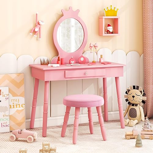 HONEY JOY Pink Crown - Tocador de maquillaje para niños, incluye silla y espejo de cristal real, juego de tocador grande de madera de ingeniería