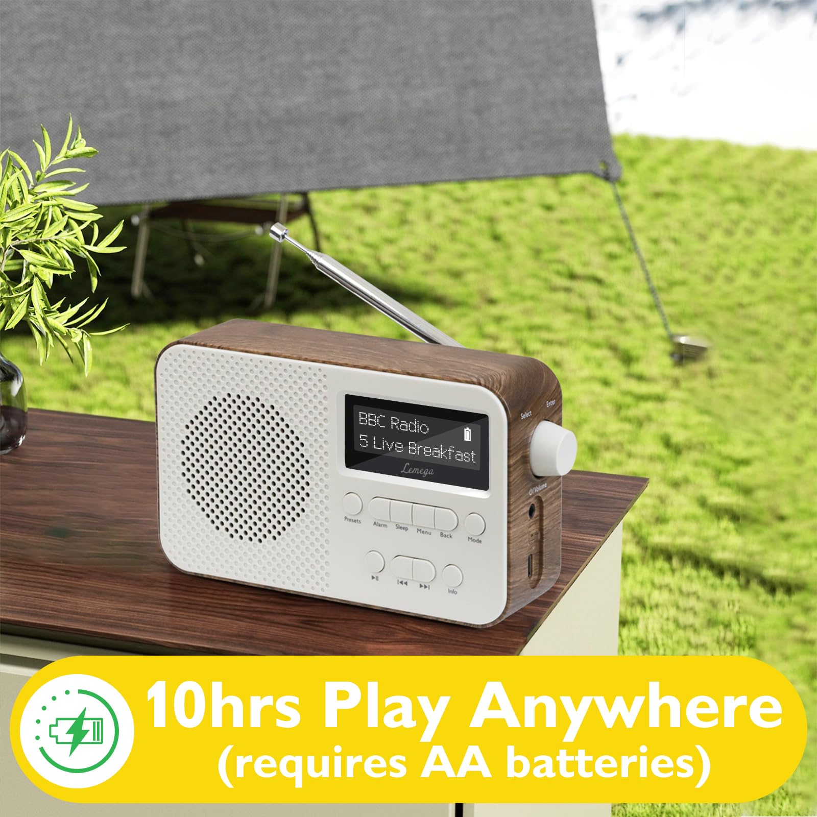 Digitalradio LEMEGA PR2 Max Dab/Dab+ mit Bluetooth 5.3,Tragbares UKW-Radio, Netzanschluss,Zwei Weckzeiten,Großem,Gut Lesbarem LED-Display,40 Préréglé und Kopfhöreranschluss (Nussbaum)