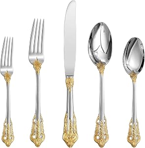 Gorgeous Baroque Silver Gold 18/10 Stainless Steel 20 Pieces Flatware Set, Anti-Rust Stainless Steel Cutlery Set Utensils Including Fork Spoon and Knife with Gift Box