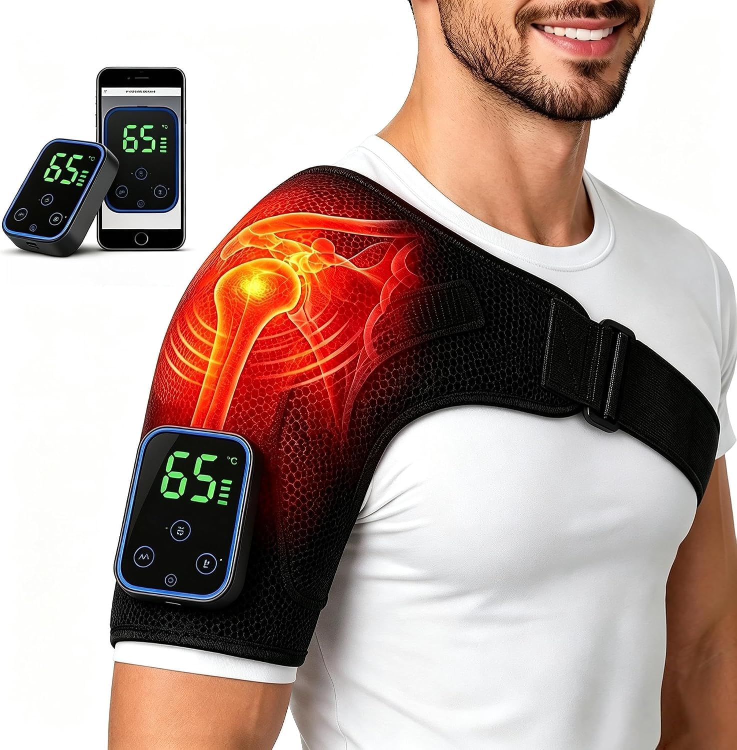 Cuscinetto Termico Senza Fili Per Massaggio Alla Spalla, Massaggiatore Collo e Spalla, 3 Livelli di Vibrazione, 7 Temperature, Display Touch, Adatto a Spalla Sinistra/Destra Uomo e Donn, Nero