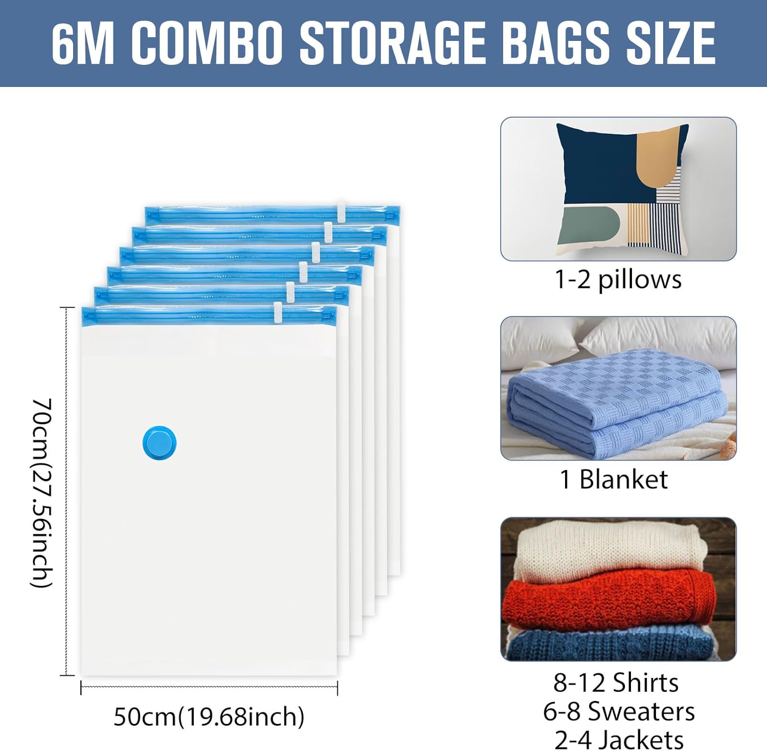 BoxLegend Vacuum Storage Bags with Hand Pump 6 Medium 19.68’’x27.56’’ Thickened Vacuum Seal Bags for Clothing Bed Sheets Pillowcases Compression Space Saving for Luggage, Backpack, Suitcase - Image 2