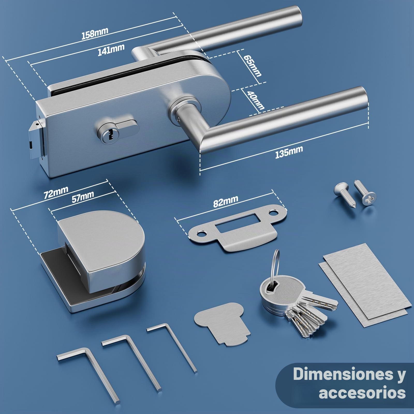 Ranbo Cerradura para Puerta de Cristal sin Marco, Plata Cepillada | Acero inoxidable 304 con cilindro, llaves y manillas a ambos lados, para cristal templado de 8–12 mm